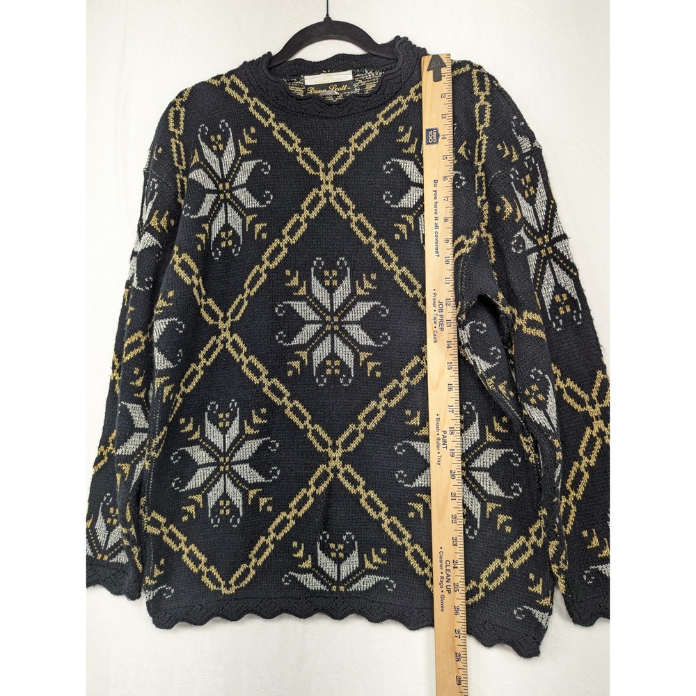 Dana Scott Sweater Large Black Gold Silver Fair Isle Snowflake Holiday‎ Pullover - Picture 5 of 8